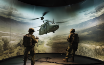 immersive panoramic simulator with a wide and tall curved display depicting a battlefield scenario